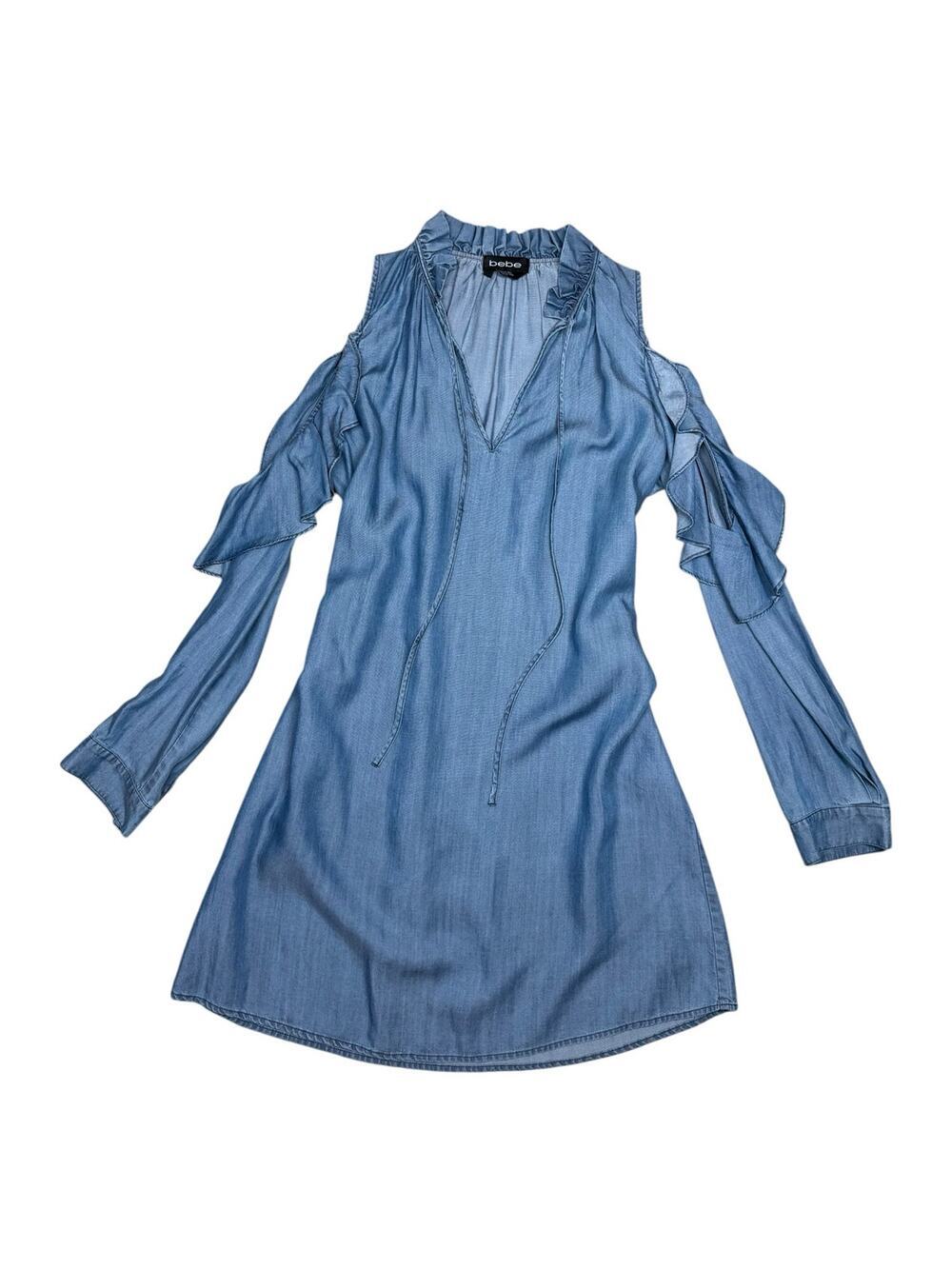 Bebe y2k Cold Shoulder Ruffle Sleeve Blue Chambray Denim Mini Dress Size XS